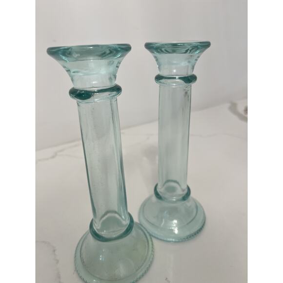Vetreria Clear Green Hue Glass Candlesticks 7.75" Set of 2 - Picture 2 of 5